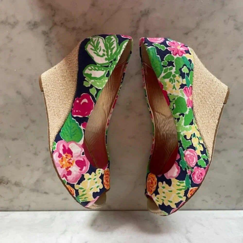 LILLY PULITZER Resort Chic Wedge Mini Getaway Garden Peep Toe Espadrille…